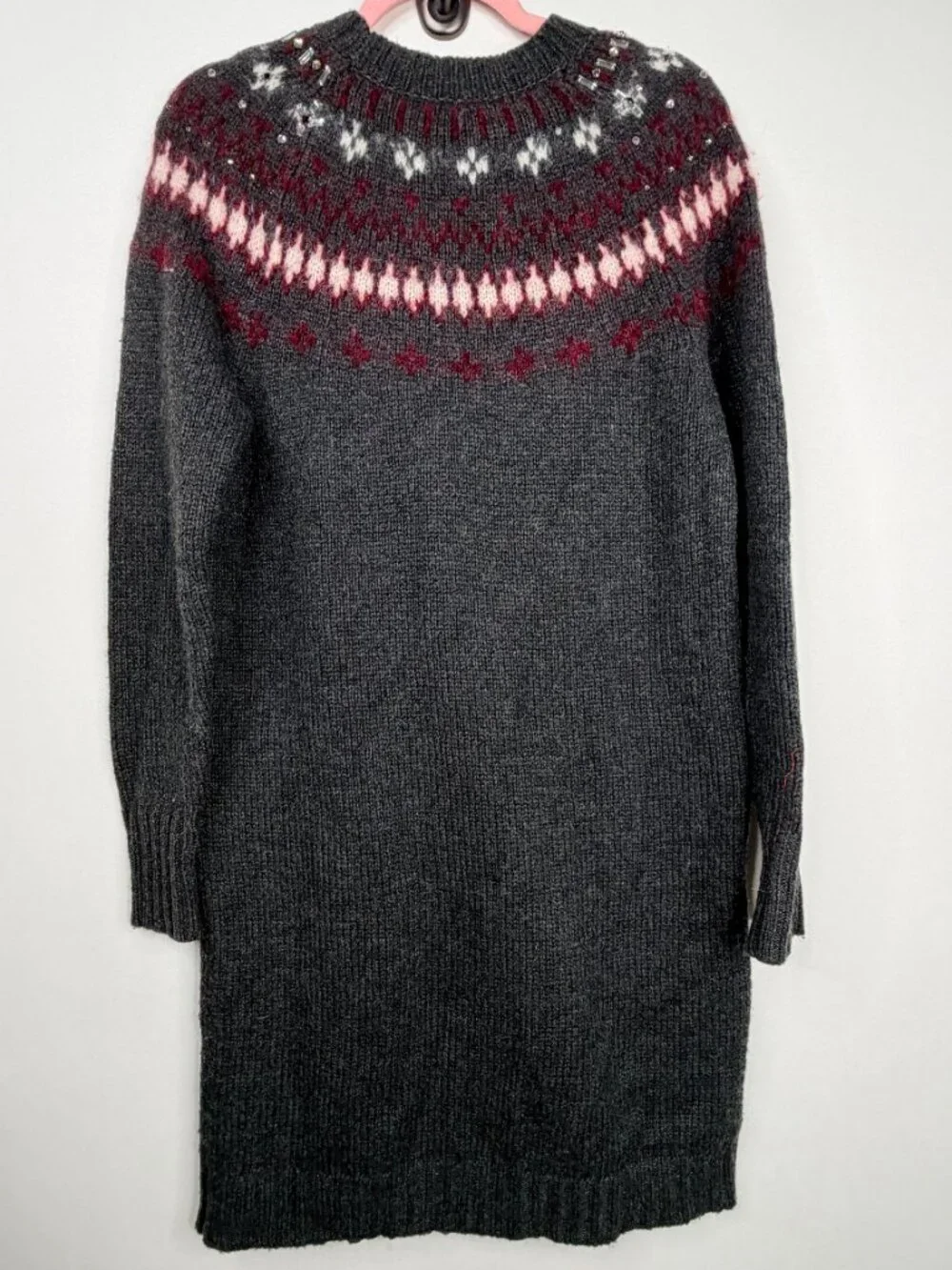 J. Crew Flair Isle Embroidered Wool Tricot Tunic Sweater Dress Charcoal #A2864